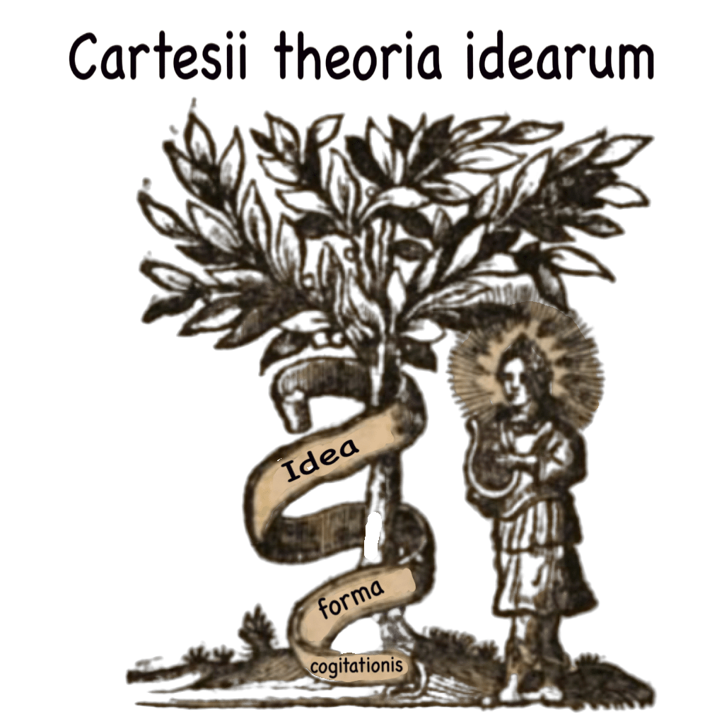 A graphic from an old bookplate of a small leafy tree with a saint standing to the right of the tree with the Latin words above "Cartesii theoris idearum" used as a logo for the DTOI website.