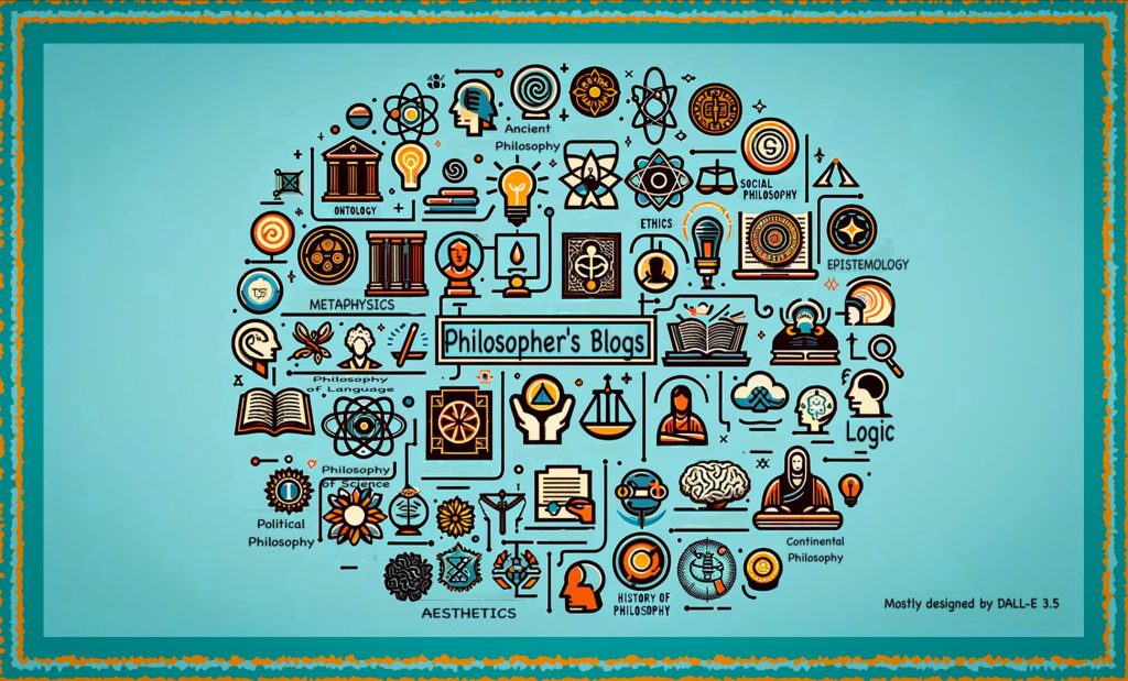 A graphic used as the featured image for this webpage primarily designed by DALL-E 3.5 with the title "Philosopher's Blogs" in a rectangular centered box surrounded by numerous multicolored icon symbols labeled underneath them of numerous areas found in philosophy on an aqua background.