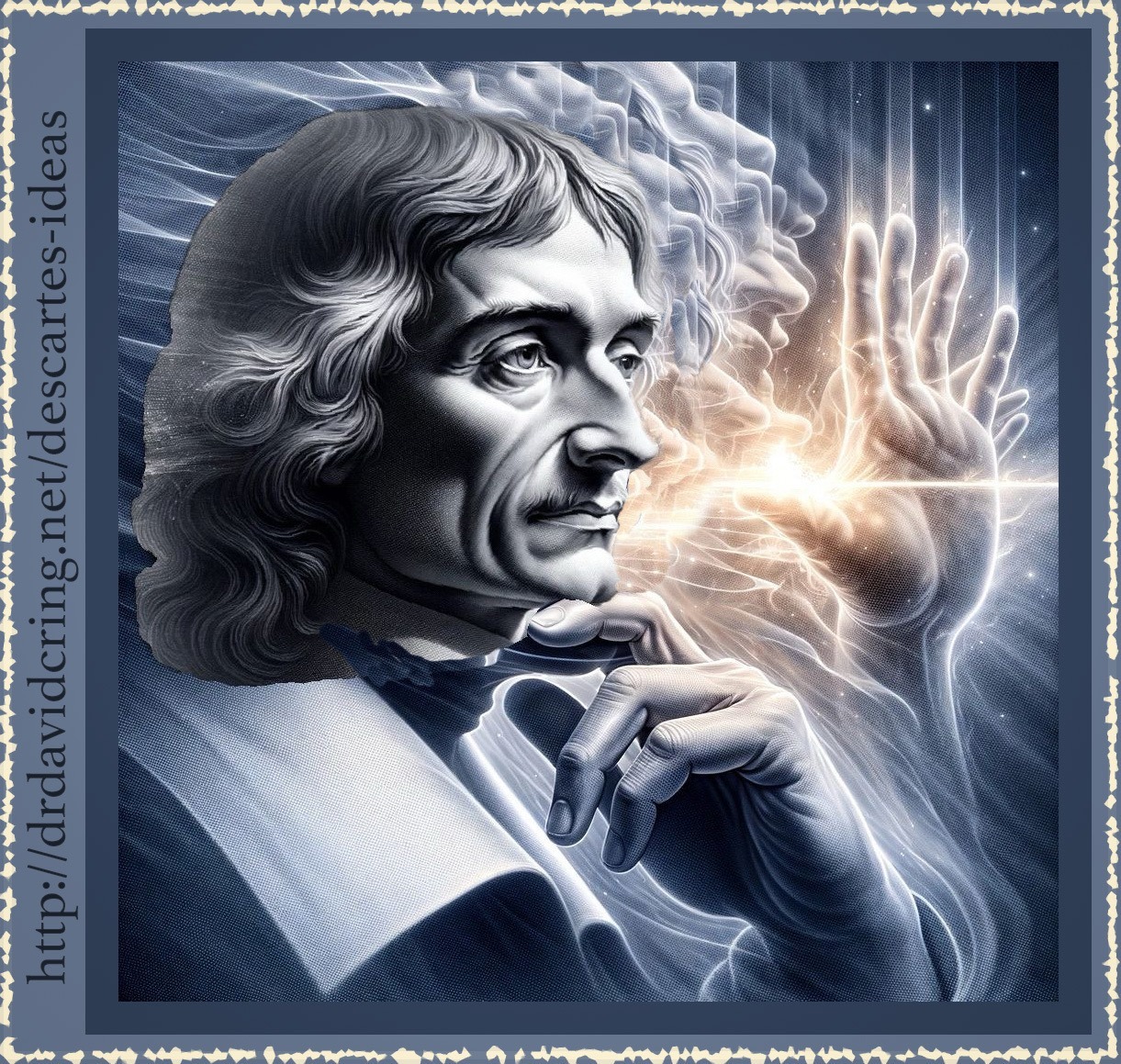 A color graphic of Descartes looking off in the distance to his right with his curled fingers under his chin contemplating the doctrine of Occasionalism regarding what is responsible for his hand being raised with a highly illuminated giant hand next to him in the sky with the hand being raised.