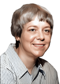 An enhanced and colorized photographic cutout headshot of a middle aged Margaret Dauler Wilson wearing a  white collared shirt with thin stripes used for visually identifying her.