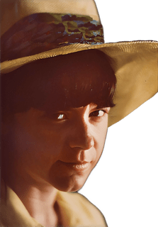 An enhanced and colorized headshot of a young Margaret Dauler Wilson wearing a yellow wide brimmed summer hat used for visually  identifying her.