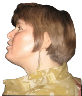 An enhanced full body photographic headshot cutout of a young adult Amy M. Schmitter turned to her left in profile wearing a full length golden yellow velvet floral patterned tapestry long coat with white floral embroidery patterns used to visually identify her.