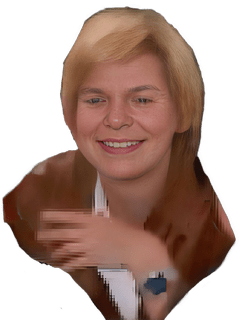 A reversed enhanced color photographic cutout of a smiling Amy M. Schmitter wearing a brown coat over a white shirt with her left hand raised under her neck used for identifying her.