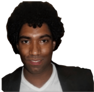 A reversed enhanced  photographic cutout headshot of Elliot Samuel Paul facing forward and wearing a white v-neck t-shirt under a black jacket used for visually identifying him.