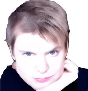 A reversed enhanced colorized photographic headshot cutout of a young adult Amy M. Schmitter with lipstick wearing a black top facing forward with her left hand supporting her chin with rolled up fingers on her left cheek used to visually identify her.