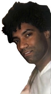 A reversed nuanced colorized photographic cutout headshot of Elliot Samuel Paul turning towards his left and wearing a white v-neck shirt used for visually identifying him.