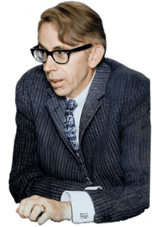 A reversed and enhanced and colorize blended photographic cutout of John W. Yolton with. his right hand's fingers touching his cheek and chin used to visually identify him.