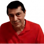 A reversed enhanced colorized photographic headshot cutout of Martial Gueroult wearing a red shirt used for visually identifying him.
