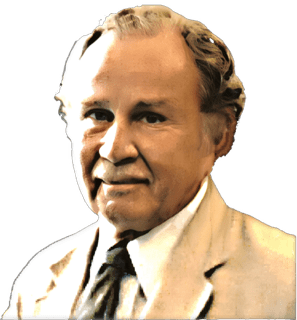 A non-reversed colorized enhanced photographic headshot cutout of Wilfrid Sellars with a blonde mustache and wearing a tan suit jacket over an off-white shirt and dark tie used for visually identifying him.