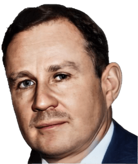 A colorized enhanced photographic headshot cutout of Wilfrid Sellars wearing a dark suit jacket over a light blue shirt with his head slightly tilted and turned to his left used for visually identifying him.
