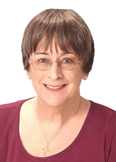 An enhanced colorized photographic cutout headshot of a glasses adorned Celia Wolf-Devine wearing a round neck red shirt, white pearl earrings, and a thin necklace used for visually identifying her.