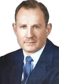 A colorized enhanced photographic headshot cutout of Wilfrid Sellars wearing a dark blue suit jacket over a white shirt and medium blue tie used for visually identifying him.