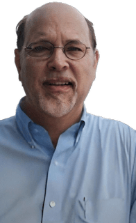 An enhanced colorized photographic headshot cutout of glasses adorned Tad Schmaltz with a goatee wearing a collar blue shirt with the top button unfastened used for visually identifying him.