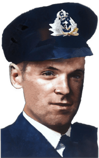 An enhanced colorized photographic headshot cutout of Robert Forbes McRae wearing a dark blue military uniform with a dark blue military cap having a white insignia on the crown and white shirt and dark tie used for visually identifying him.
