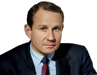 A reversed colorized enhanced photographic headshot cutout of Wilfrid Sellars wearing a dark suit jacket over a light blue shirt and dark red and blue tie used for visually identifying him.