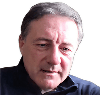 An enhanced color photographic cutout headshot of Gianluca Mori with his head looking down wearing a dark blue shirt used to visually identify him.