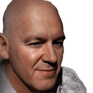 An artificial intelligence recreation of the top of his head and enhanced and colorized photographic headshot cutout of Ray Scott Percival with a shaved bald head wearing a light gray shirt not looking at viewer and his head and should turned mildly to his left used to visually identify him.
