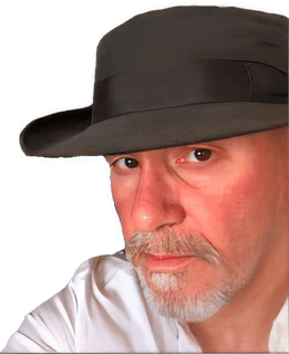 A reversed enhanced colorized photographic headshot cutout of a white mustache and goateed Ray Scott Perceival wearing a white shirt with a black hat looking at viewer used to visually identify him.