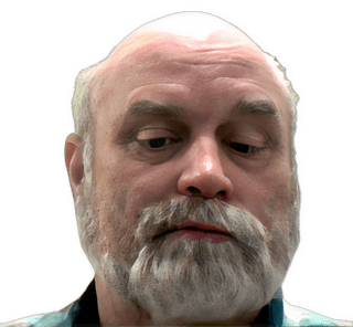 A reversed enhanced colorized photographic headshot cutout of Tom C. Vinci with full white beard and white  mustache looking down wearing a green and white shirt used to visually identify him.