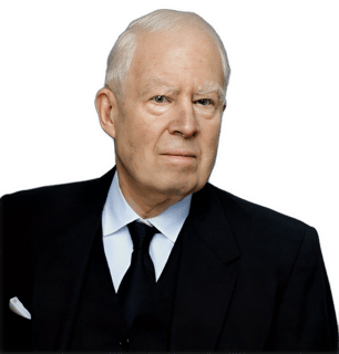 A reversed enhanced colorized photographic headshot and upper torso cutout of G. H. von Wright wearing a black suit and black tie with a white pocket folded handkerchief used to visually identify him.