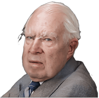 A reversed enhanced colorized photographic headshot cutout of G. H. von Wright wearing a gray suit jacket and a tie seated and his left  shoulder leading turned towards his right used to visually identify him.