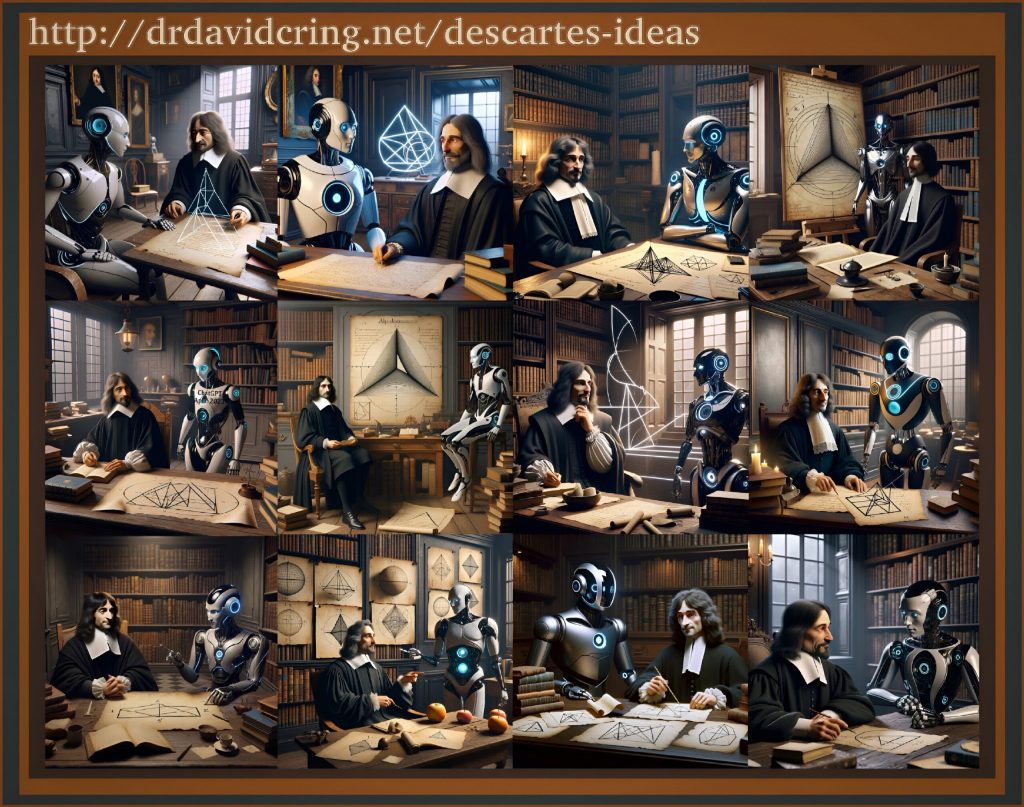A composite of twelve DALL-E graphics attempting depictions of Descartes and a ChatGPT android robot conversing about the distinctness of an idea of a triangle given Descartes's ignorance of non-Euclidean geometry as a featured image.
