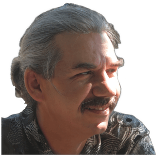 An enhanced color photographic headshot cutout of a mustached Stefan S. Sencerz looking to his left wearing  a mottled gray shirt used for visually identifying him.