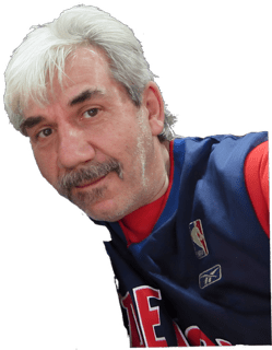 An enhanced color photographic headshot cutout of a mustached Stefan S. Sencerz leaning to his right looking out at the viewer wearing an orange t-shirt under an official major league baseball with patch dark blue sleeveless Texas vest jacket used for visually identifying him.