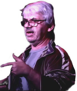 A reversed enhanced color photographic headshot and upper torso cutout of a mustached and glasses adorned Stefan S. Sencerz pointing his left hand with index finger extended wearing a purple shirt with rounded neck under a black racing jacket used for visually identifying him.