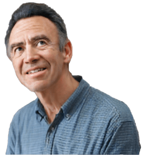 An enhanced colorized photographic headshot and upper torso cutout of Peter Markie with a twisted head turned up to the sky to his left wearing a blue shirt used for visually identifying him.