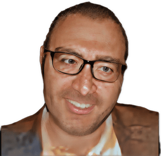 An enhanced colorized angle-adjusted photographic headshot cutout of a head tilted to his left glasses adorned Francesco Marrone wearing a brown jacket over a casual white and tan horizontally striped shirt used to visually identify him.