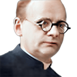 An enhanced colorized photographic headshot cutout of a glasses adorned Francesco Oligiati with his shoulders turned towards his left wearing a priests white collar and dark blue robe used to visually identify him.