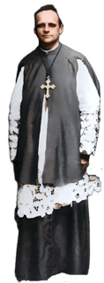 An enhanced color photographic full body photographic cutout of a glasses free Francesco Oligiati looking straight forward in full priests robe of dark gray outer vestments over a white embroidered tunic hanging below his waist with a gold cross hanging to the center of his chest used to visually identify him.