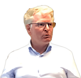 A reversed enhanced color photographic torso and headshot cutout of Ralph Schumaker with glasses wearing a collared white shirt used to visually identify him.