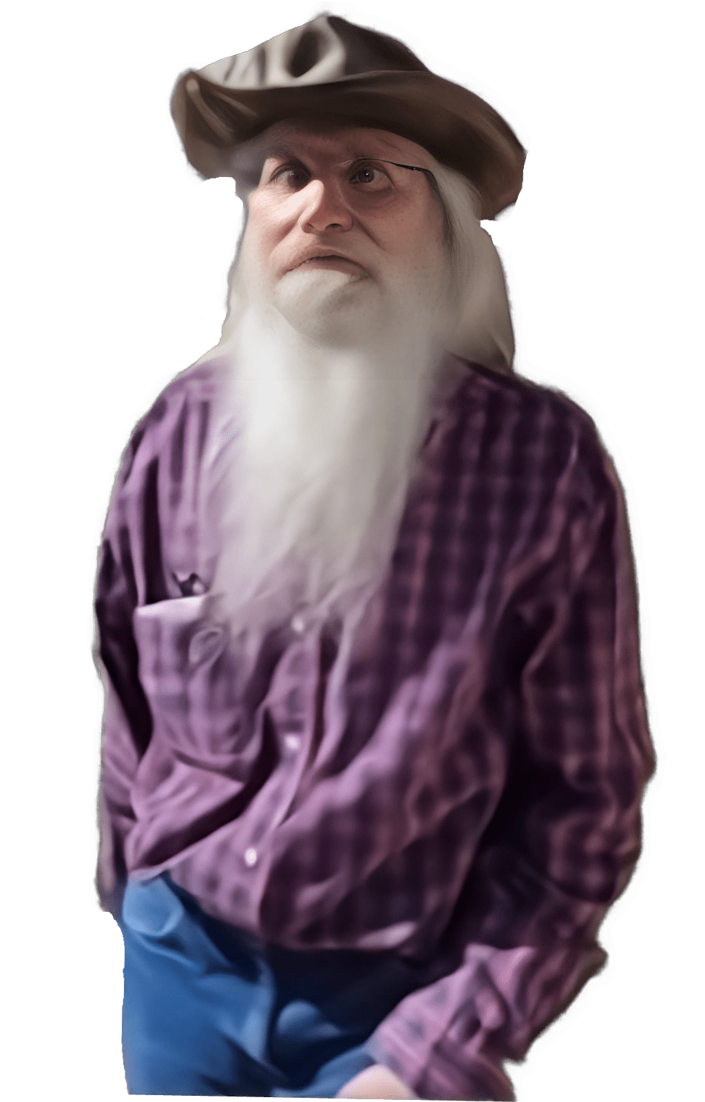 An enhanced photographic cutout from the waist up of a cloth hatted Jan A. Cover with glasses and a long white full beard and  white hair to his neck wearing a purple patterned shirt and blue jean dungarees used to visually identify him.