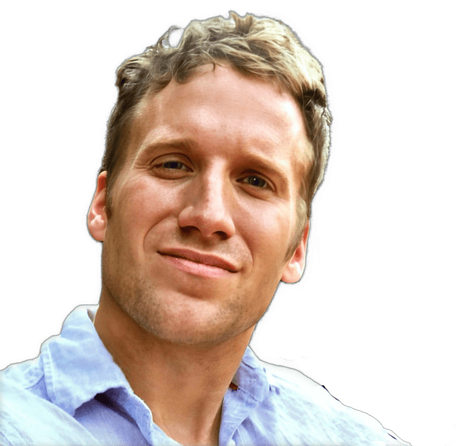 An enhanced reversed blended colorized photographic headshot cutout of Jason Jordan wearing a light blue soft collared shirt used to visually identify him.