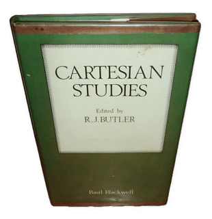 An enhanced 3D green with a white square containing the black font title and author's name book cover for "Cartesian Studies by R. J. Butler used to visually identify it.
