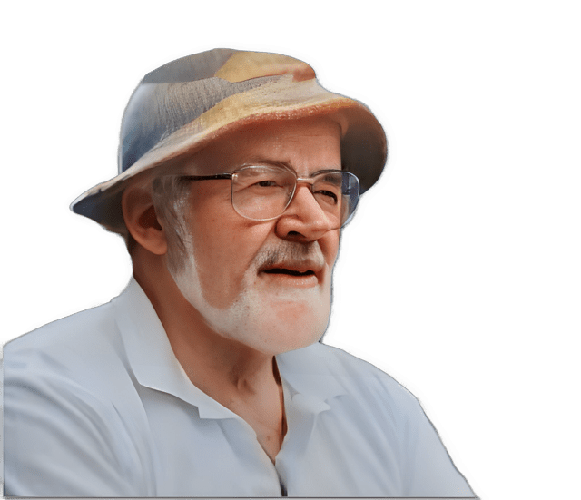 An enhanced colorized photographic cutout headshot of an old and white bearded glasses wearing Jonathan Bennett with a collared white shirt and floppy hat turned to his left used to visually identify him.