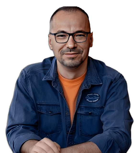 An enhanced color photographic torso and headshot cutout of Predrag Milidrag with glasses and wearing an orange undershirt under a dark blue jean jacket with a logo on left breast pocket used to visually identify him.