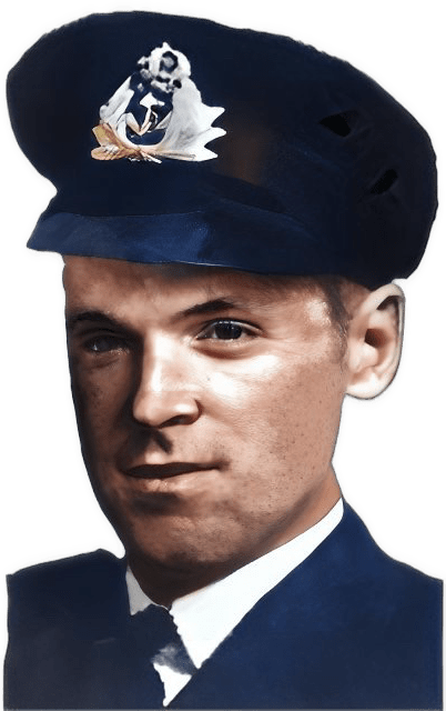 An enhanced reversed colorized photographic headshot cutout of Robert Forbes McRae wearing a dark blue military uniform with a dark blue military cap having a white insignia on the crown and white shirt and dark tie used for visually identifying him.