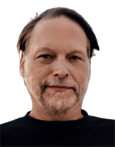 An enhanced colorized photographic headshot cutout of Kenneth R. Westphal with a white and brown beard and mustache and wearing a black shirt used to visually identify him.