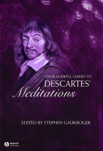 An enhanced purple book cover of "The Blackwell Guide to Descartes's Meditations" edited by Stephen Gaukroger used to visually identify it.
