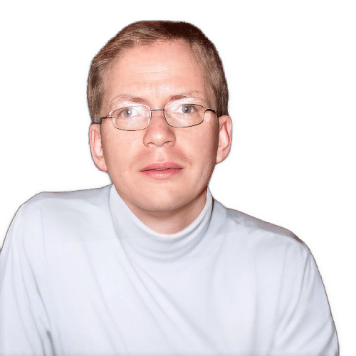 A reversed enhanced upper torso and headshot photographic cutout of a glasses wearing Jon Miller with an off-white turtleneck used to visually identify him.