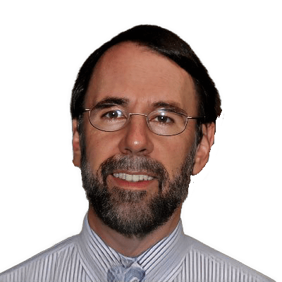 A reversed enhanced color photographic headshot cutout of a glasses wearing Dennis L. Sepper with a. full beard and mustache and wearing a white collared  shirt with thin gray vertical stripes and a light blue paisley tie used to visually identify him.