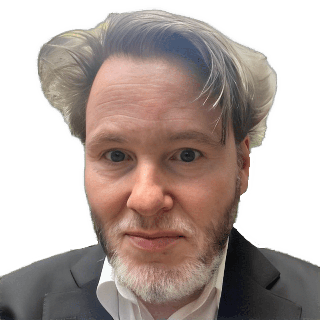 A reversed enhanced  photographic headshot cutout of a gray bearded and mustached and unsmiling Martin Lenz wearing a white collared shirt under a dark gray suit jacket used to visually identify him.