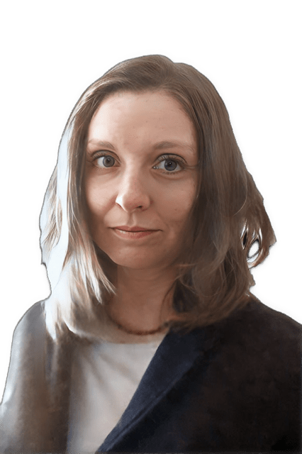 A reversed enhanced colorized photographic headshot cutout of an unsmiling Snik Waldow with shoulder length hair wearing a red necklace with a white uncollared shirt under a dark jacket used to visually identify her.