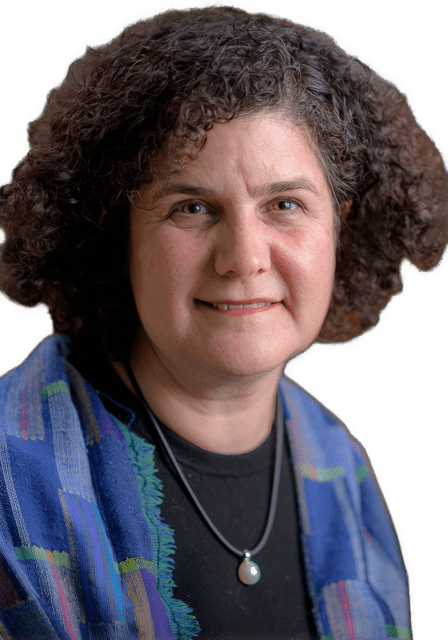 An enhanced photographic headshot cutout of Lisa Shapiro with big hair and wearing a gray string necklacewith a single large pearl over a black round neck shirt under a blue multi-colored jacket used to visually identify her.