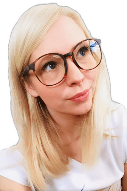 A reversed enhanced color photographic headshot cutout of a glasses wearing Lauren Slater with her head tipped up to her left wearing a white v-neck top used to visually identify her.