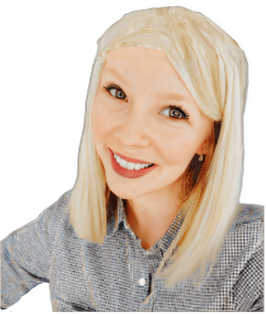 A reversed enhanced color upper torso and head-shot photographic cutout of a no glasses wearing Lauren Slater with her head leaning slightly to her left wearing a gray tiny checkered patterned  shirt with the top of her head constructed by cloning used to visually identify her.