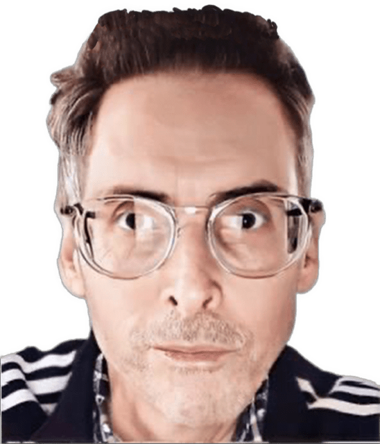 A reversed enhanced and colorized photographic headshot cutout of a clear plastic glasses wearing Kurt D. Smith staring straight ahead with window reflections seen in his lenses and wearing a black athletic shirt with white stripes horizontally on his shoulders used to visually identify him.